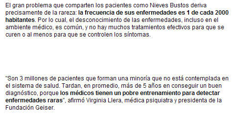 Clarín explica cómo las enfermedades raras las padece uno cada dos mil habitantes.