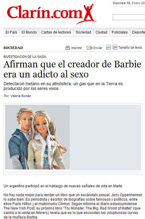 Captura de la nota en Clarín.com que mezcla las noticias del descubrimiento de metano en Marte con revelaciones sobre que el creador de la muñeca Barbie era adicto al sexo.