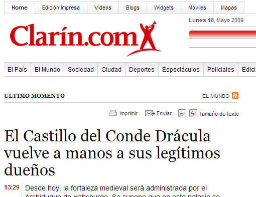 Clarín.com: El Castillo del Conde Drácula vuelve a manos a sus legítimos dueños