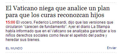 "El Vaticano niega que analice un plan para que los curas reconozcan hijos", de Clarin.com